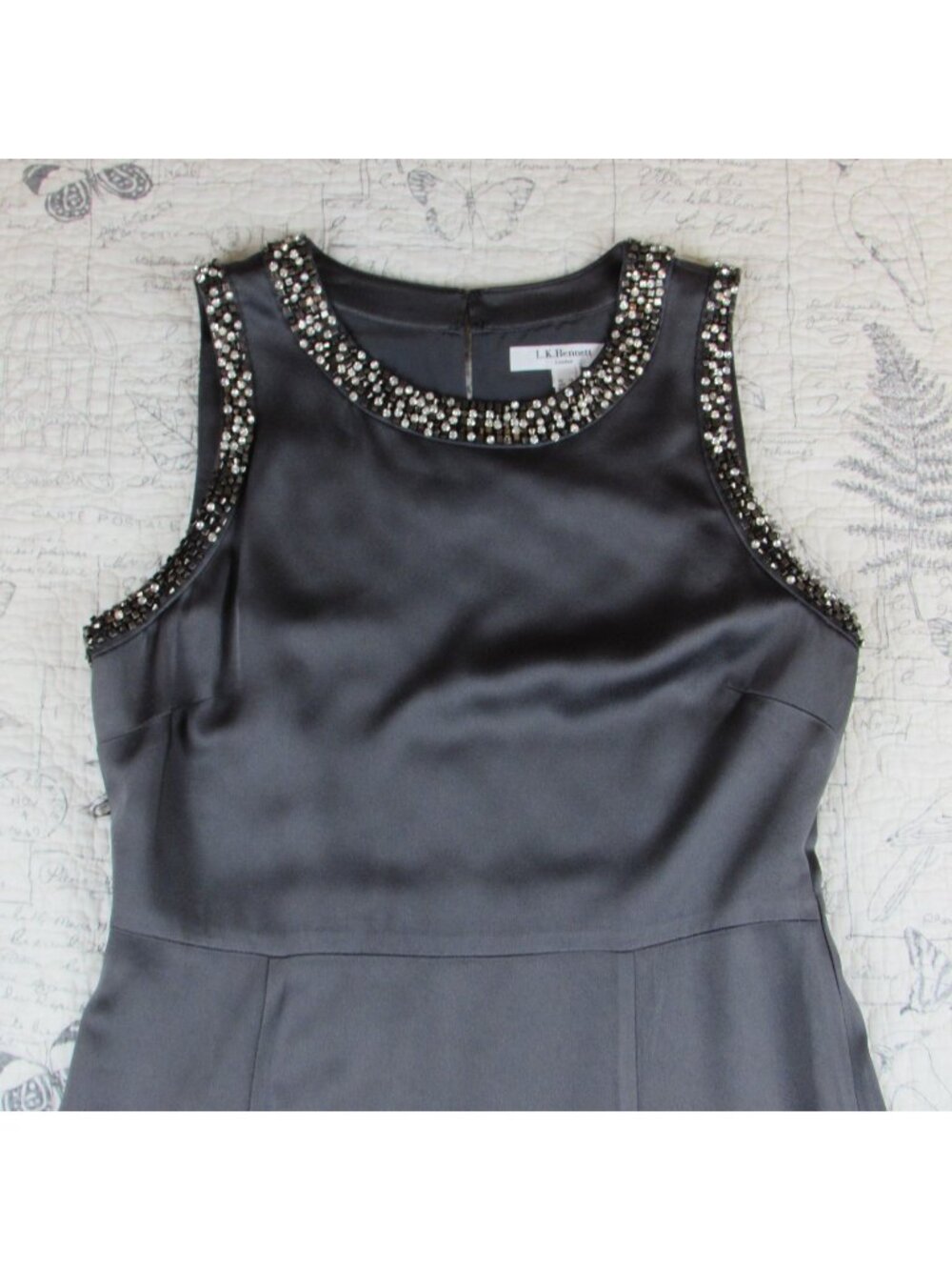 $395 LK BENNETT Gray satin  sleeveless fit flare wedding guest dress US 10